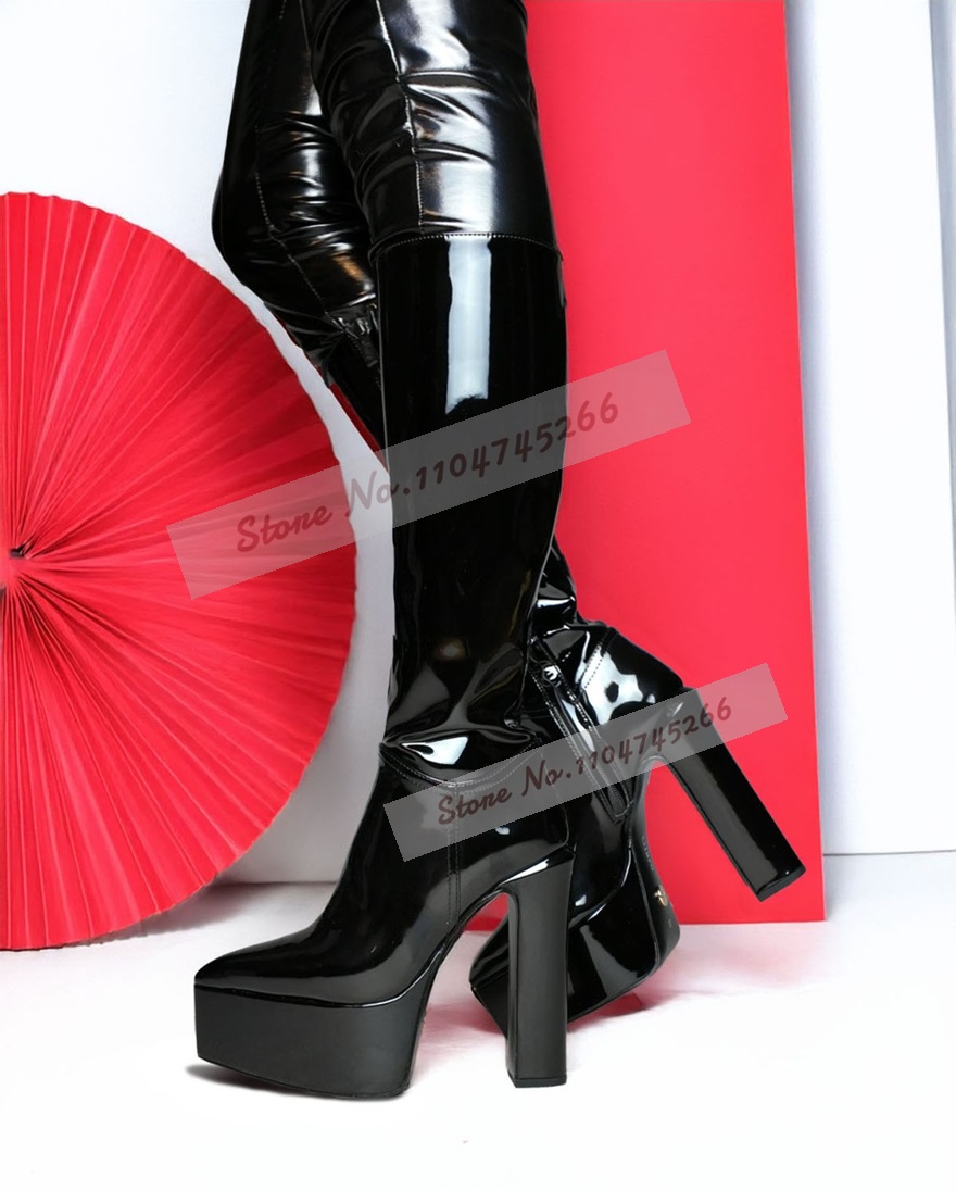 블랙 광택 청키 힐 플랫폼 니하이 부츠 뾰족한 앞코 에 - Leather Shoe Polish 리뷰 및 가격