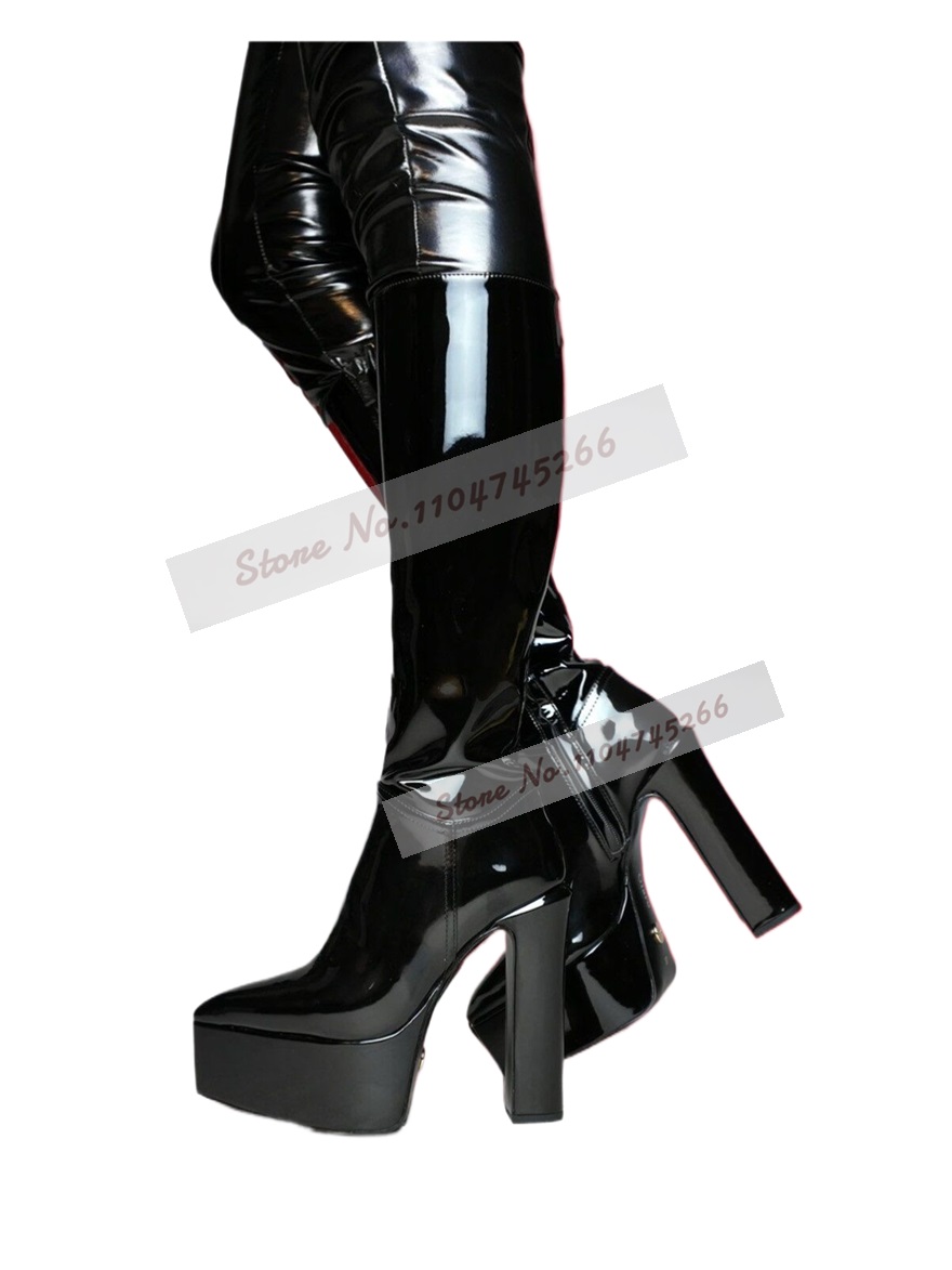 블랙 광택 청키 힐 플랫폼 니하이 부츠 뾰족한 앞코 에 - Leather Shoe Polish 리뷰 및 가격